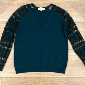 Sezane Green Sweater with lace arm.